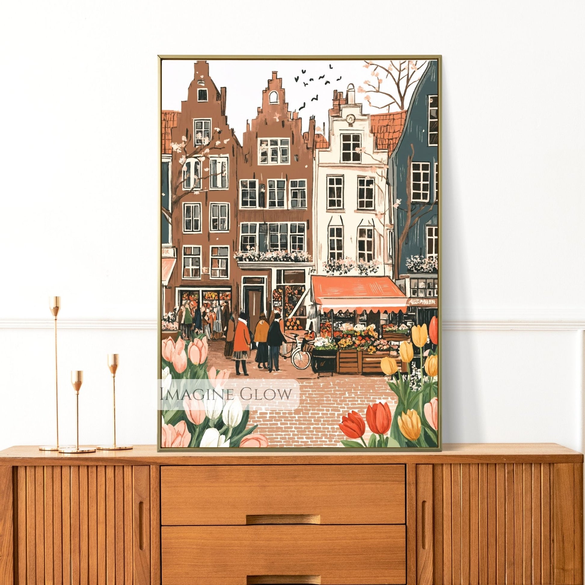 Spring wall art with hand-drawn tulips, cherry blossoms, and an old town scene.