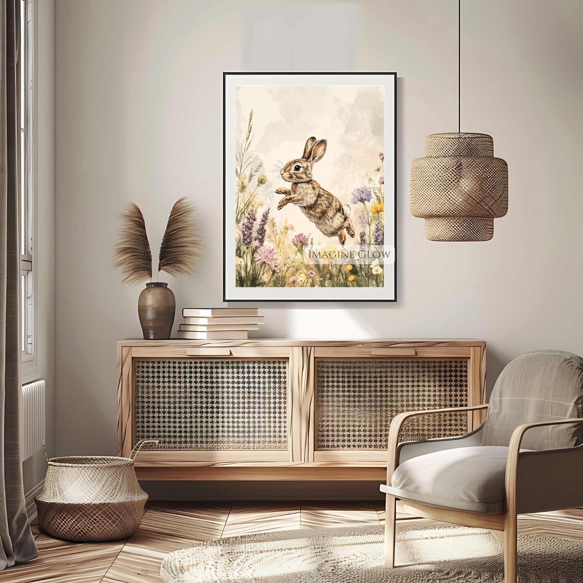Charming bunny and wildflower rustic decor print.