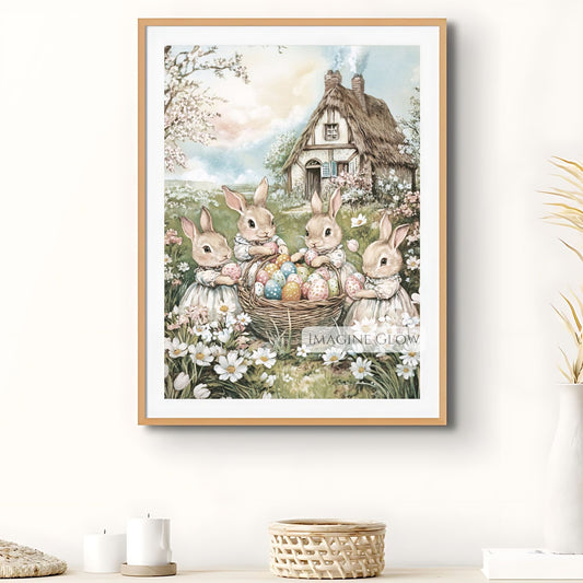 Vintage Victorian rabbits with Easter eggs in a spring meadow.
