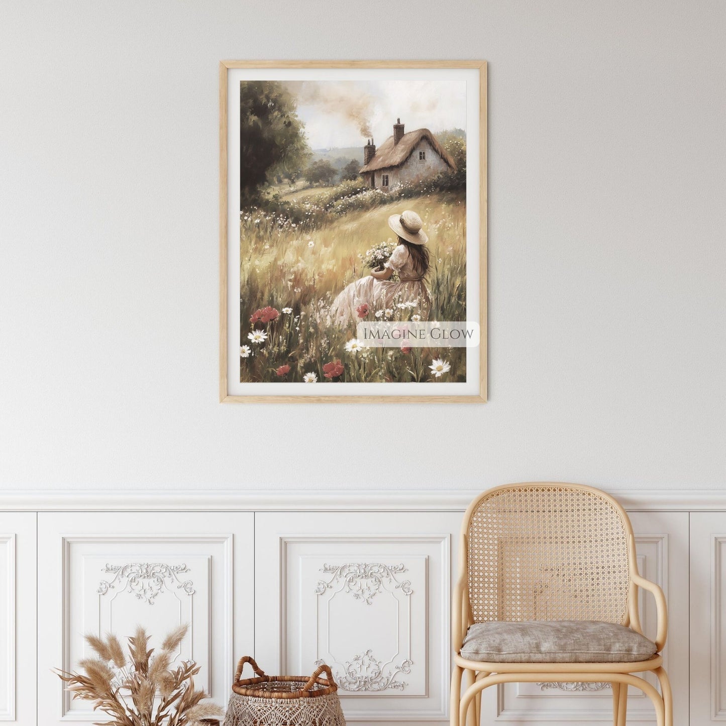 Spring meadow scene with woman collecting wildflowers vintage art.