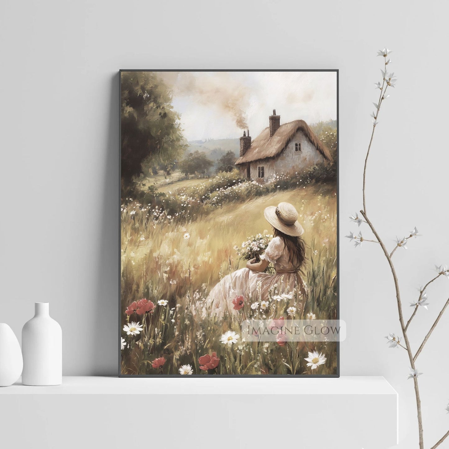 Vintage floral art of woman sitting in spring meadow picking flowers.