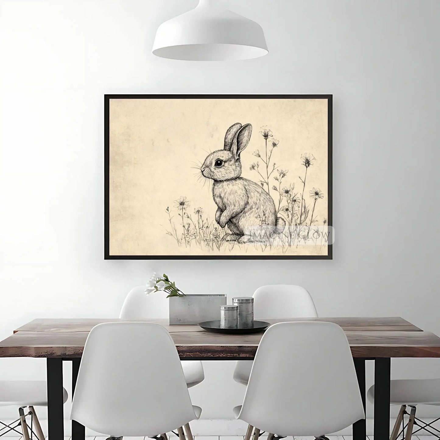 Rustic Easter decor featuring a bunny in a spring field.