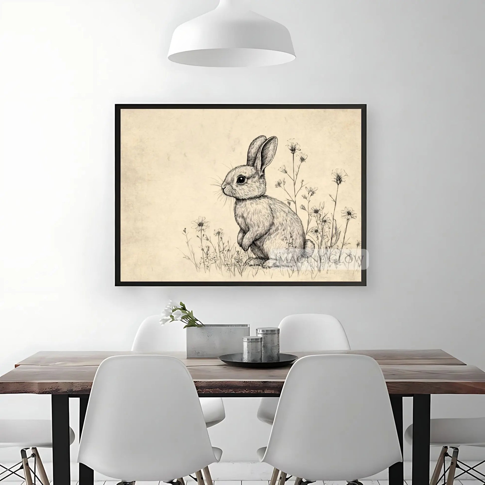 Rustic Easter decor featuring a bunny in a spring field.