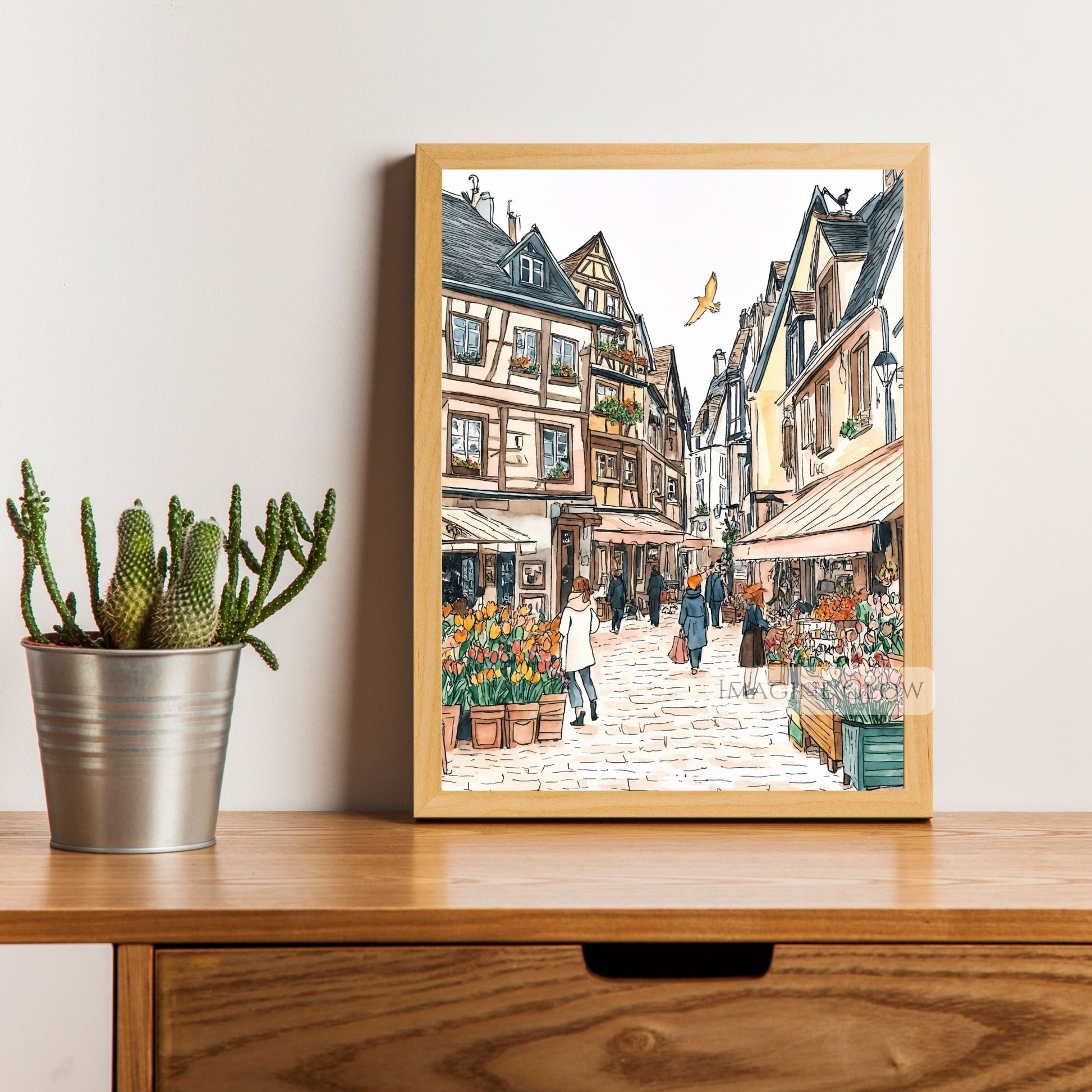 Romantic spring street art print with pastel townhouses and floral markets.