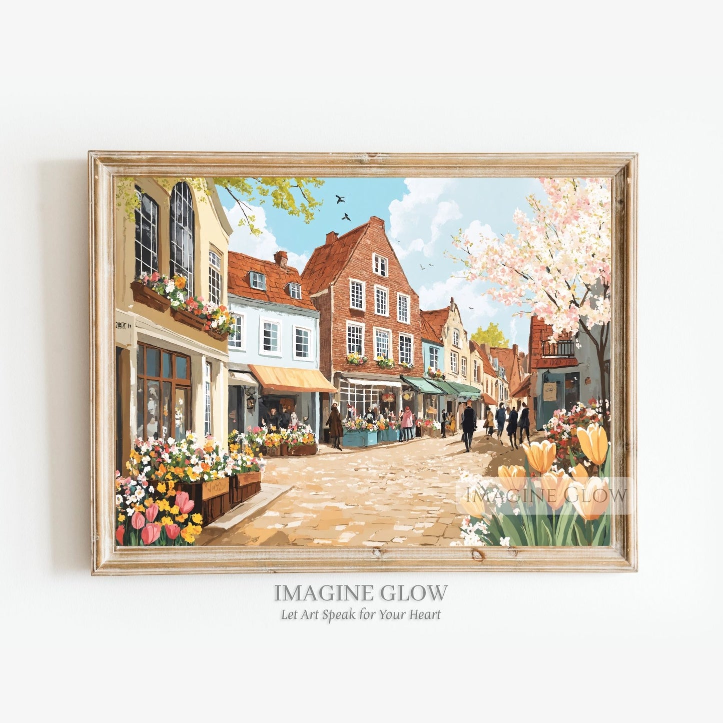 Hand-drawn spring town with blooming flowers and cobblestone streets.