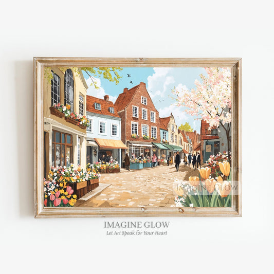Hand-drawn spring town with blooming flowers and cobblestone streets.