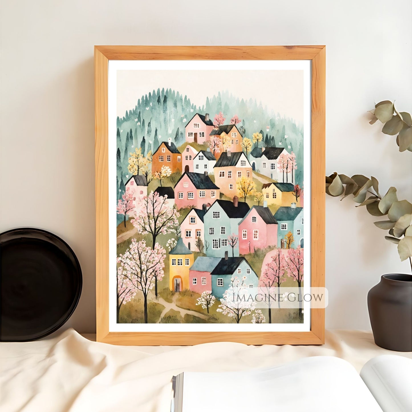 Rustic countryside scene with blooming trees wall art