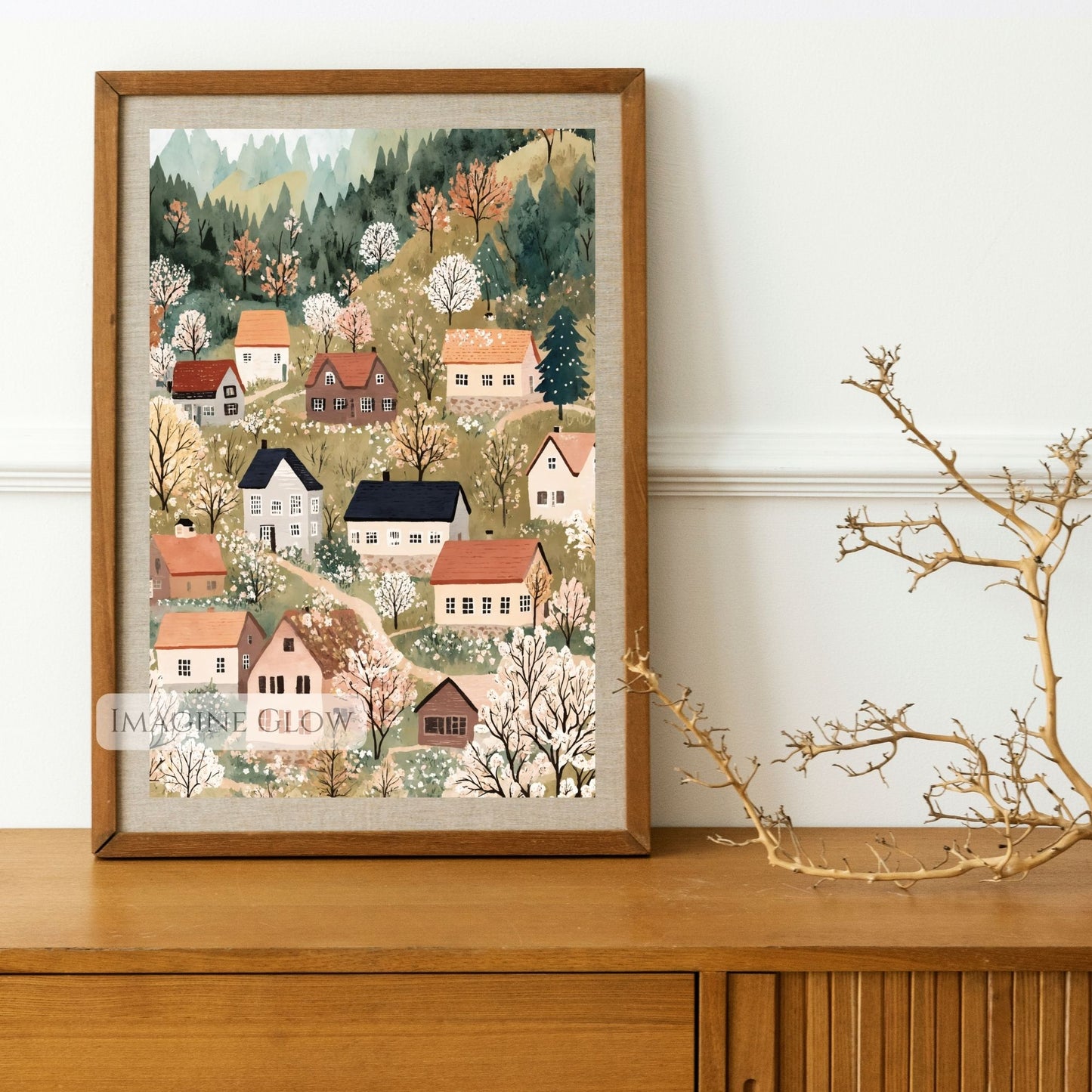 Hand-drawn spring village with blooming trees