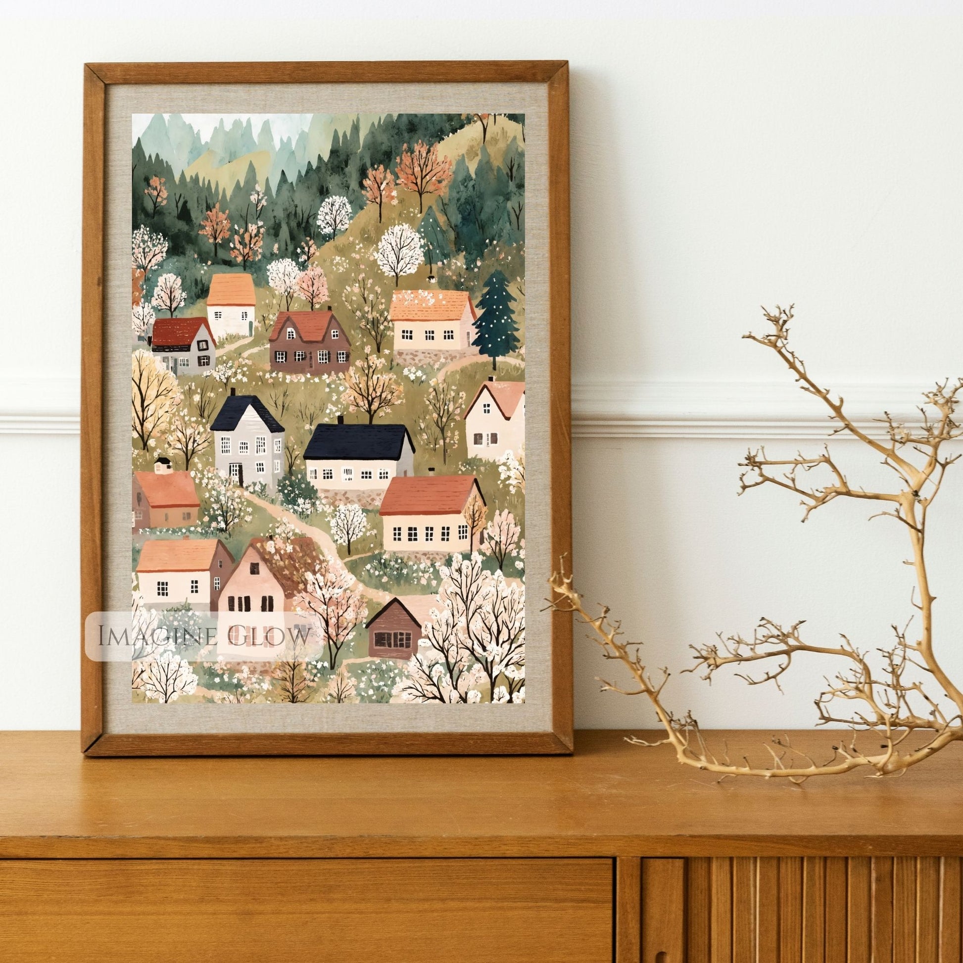 Hand-drawn spring village with blooming trees