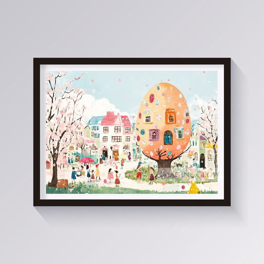 Spring Village Easter Art with blooming cherry blossoms and pastel houses