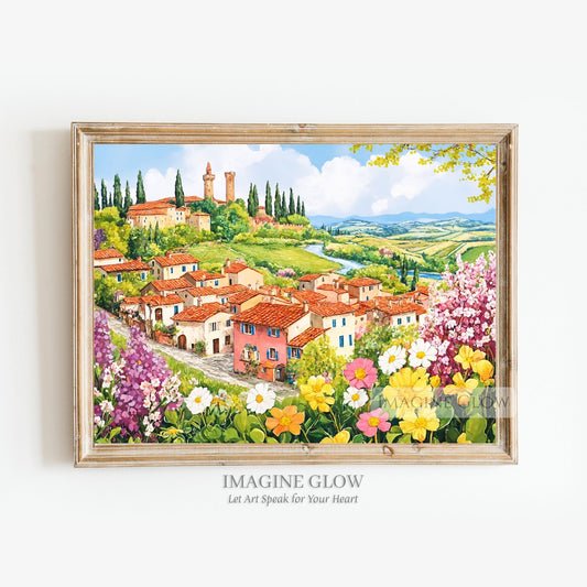 Hand-drawn summer village with blooming flowers, a river, and a castle.
