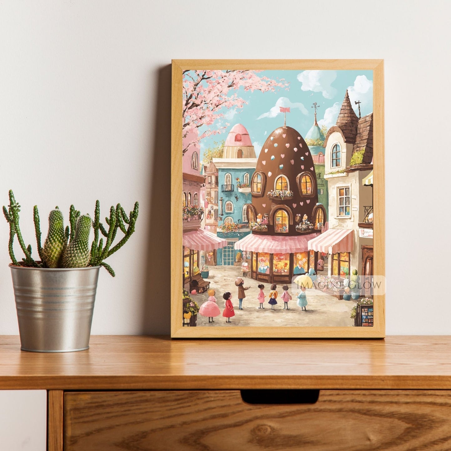 Festive Easter street art print with colorful pastel homes