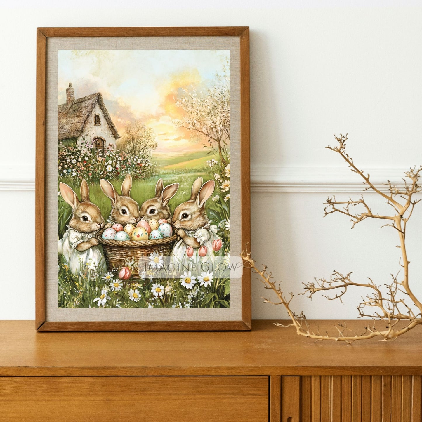 Victorian-style baby rabbits in a spring meadow poster.