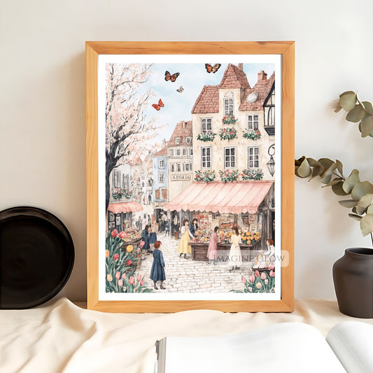 Serene Old Town Spring Art with Pastel Hues