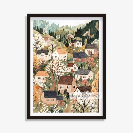 Whimsical spring village art with trees in bloom