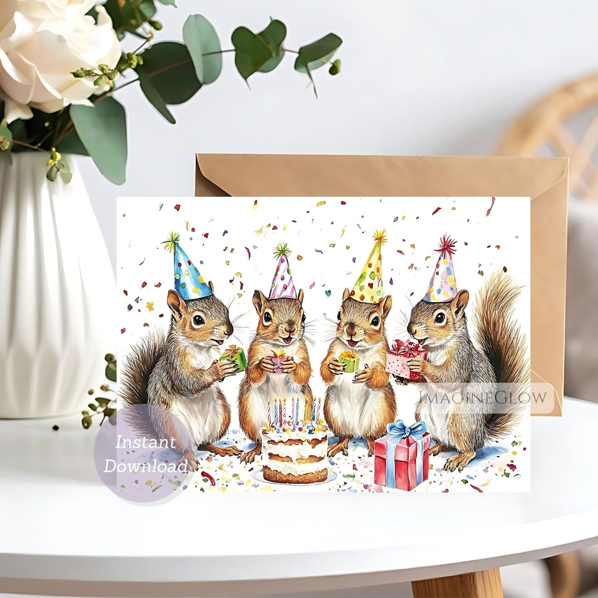 Birthday card with squirrels wearing party hats on a white surface.