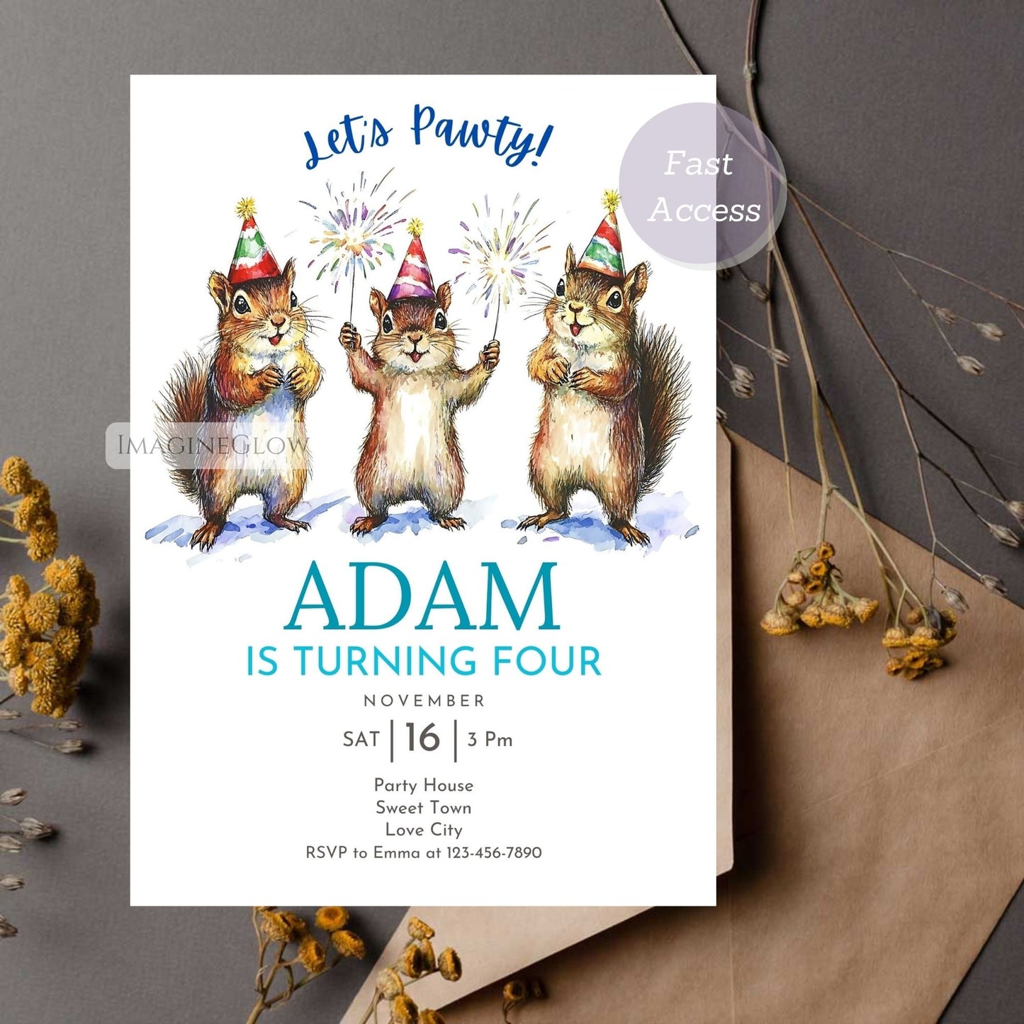 Adorable Squirrel Party Invite - Editable & Printable