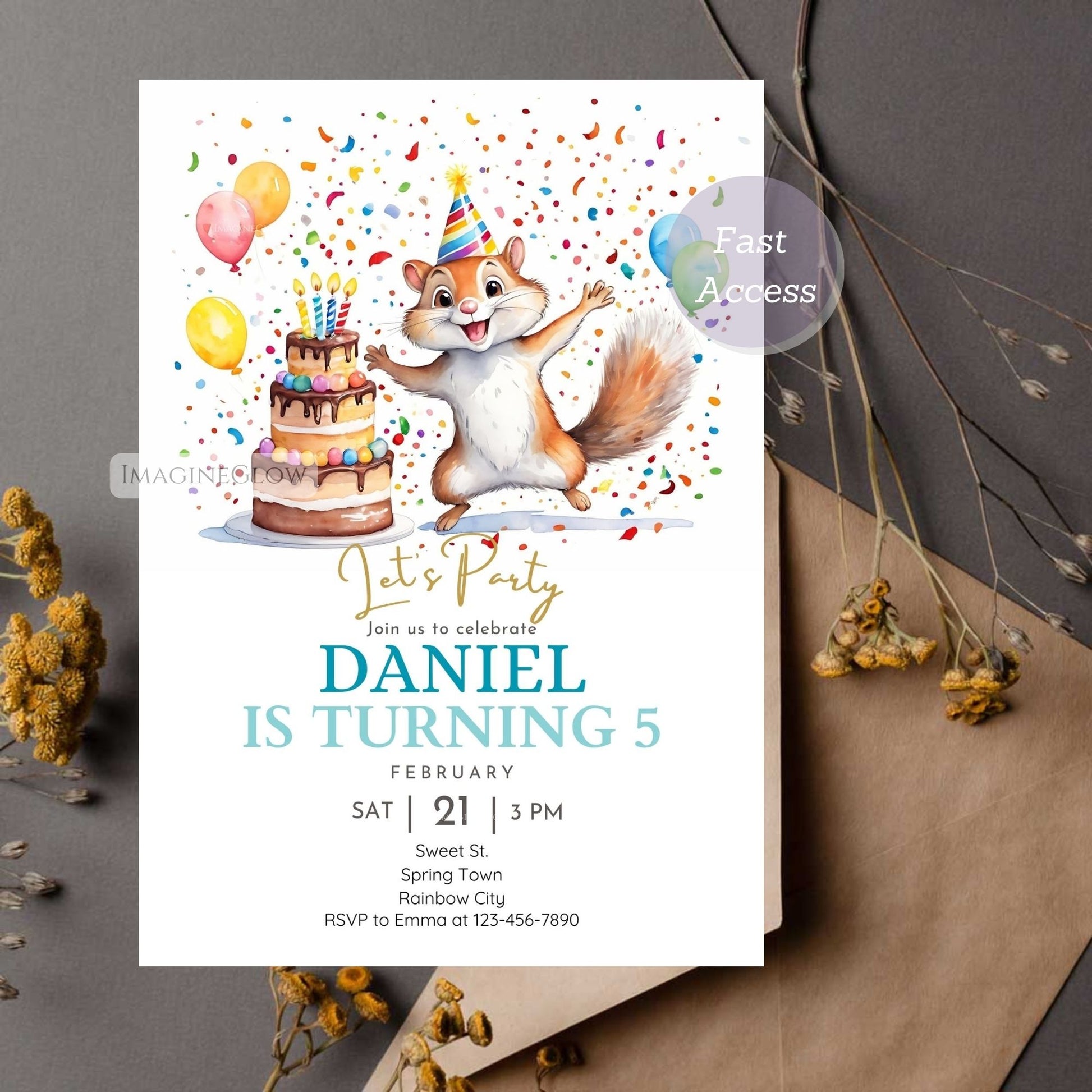 Printable squirrel birthday invitation with festive decor.