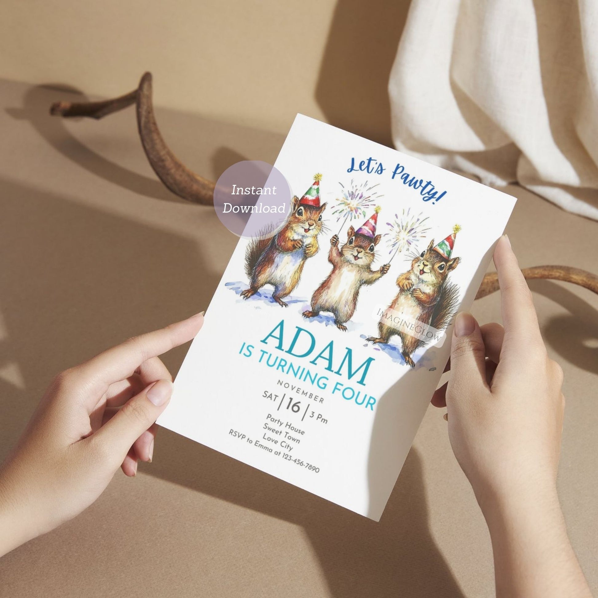 Cute Woodland Squirrel Birthday Invitation - Instant Download