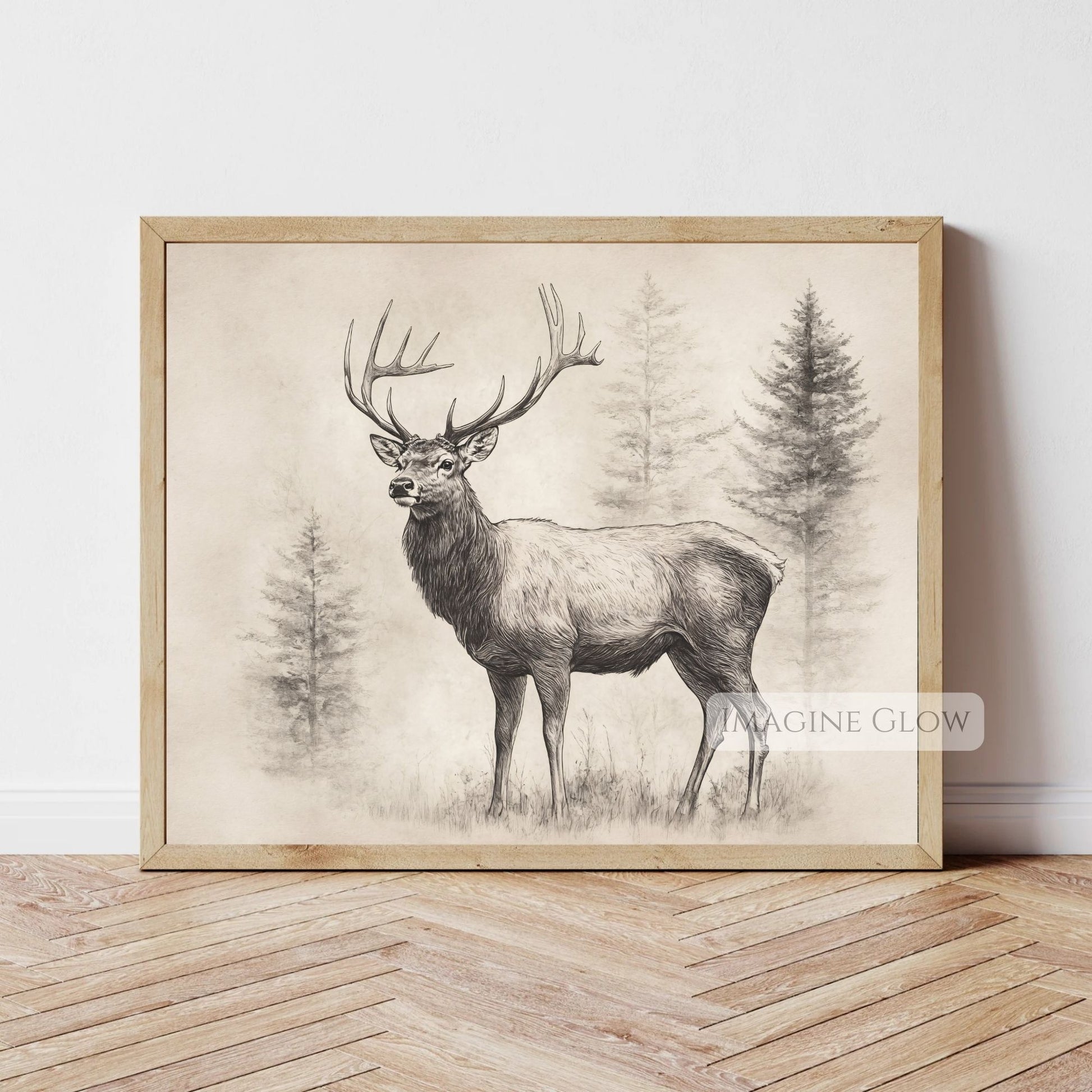 Black-and-white deer stag illustration for woodland theme.