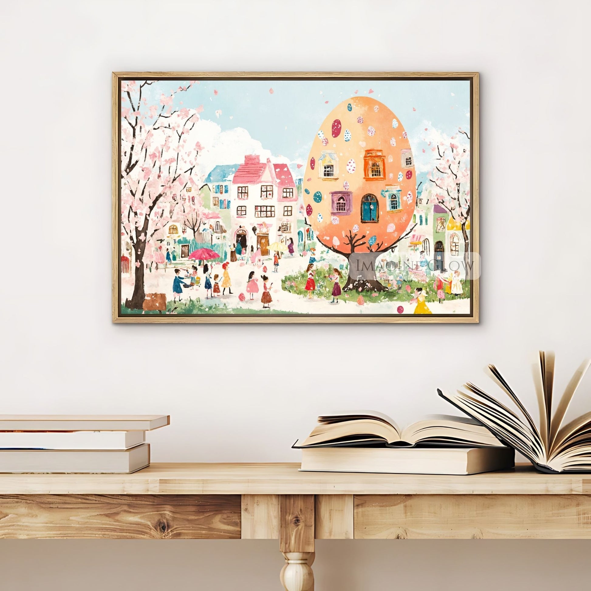 Easter-themed village scene with colorful eggs and festive decorations