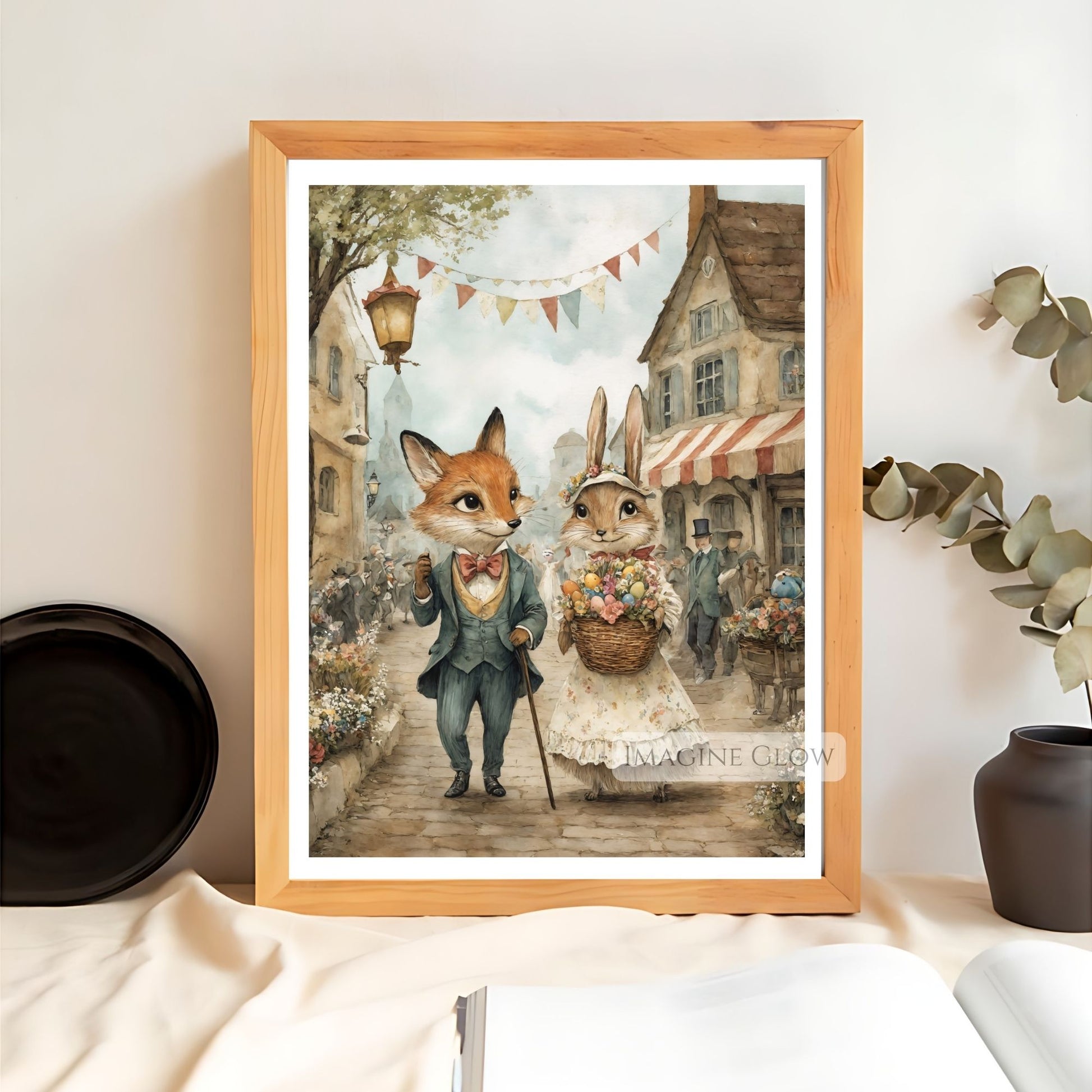 Antique Bunny & Fox Artwork - Easter Basket Scene