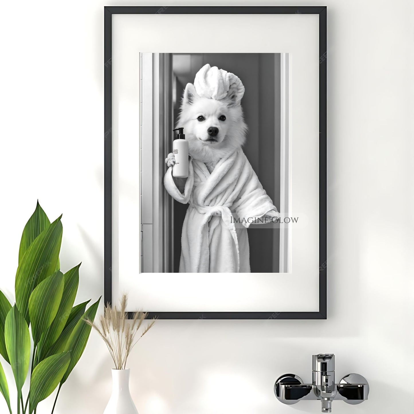 Playful Samoyed bathroom print for dog lovers' homes
