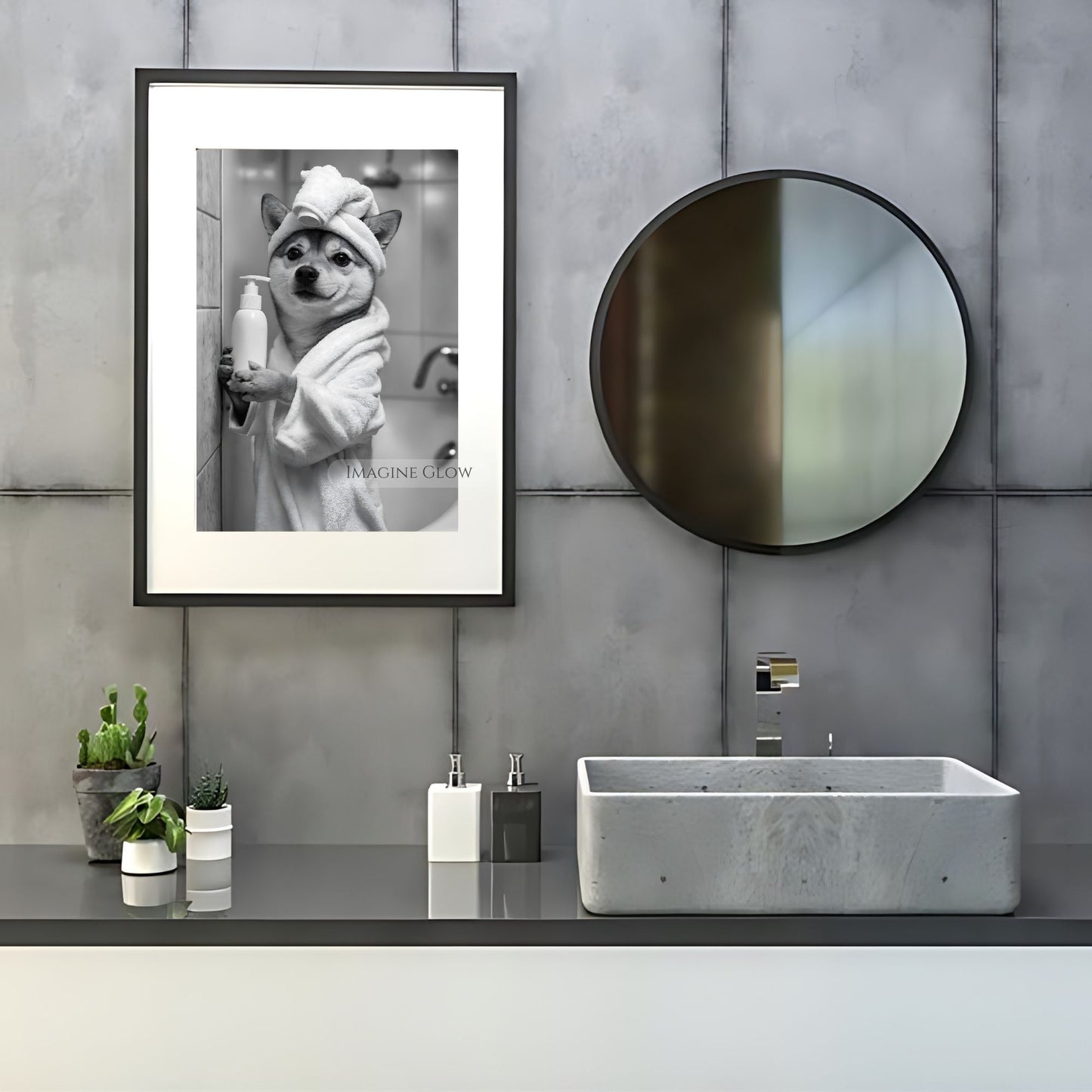 Shiba Inu wall art, humorous bathroom decor idea