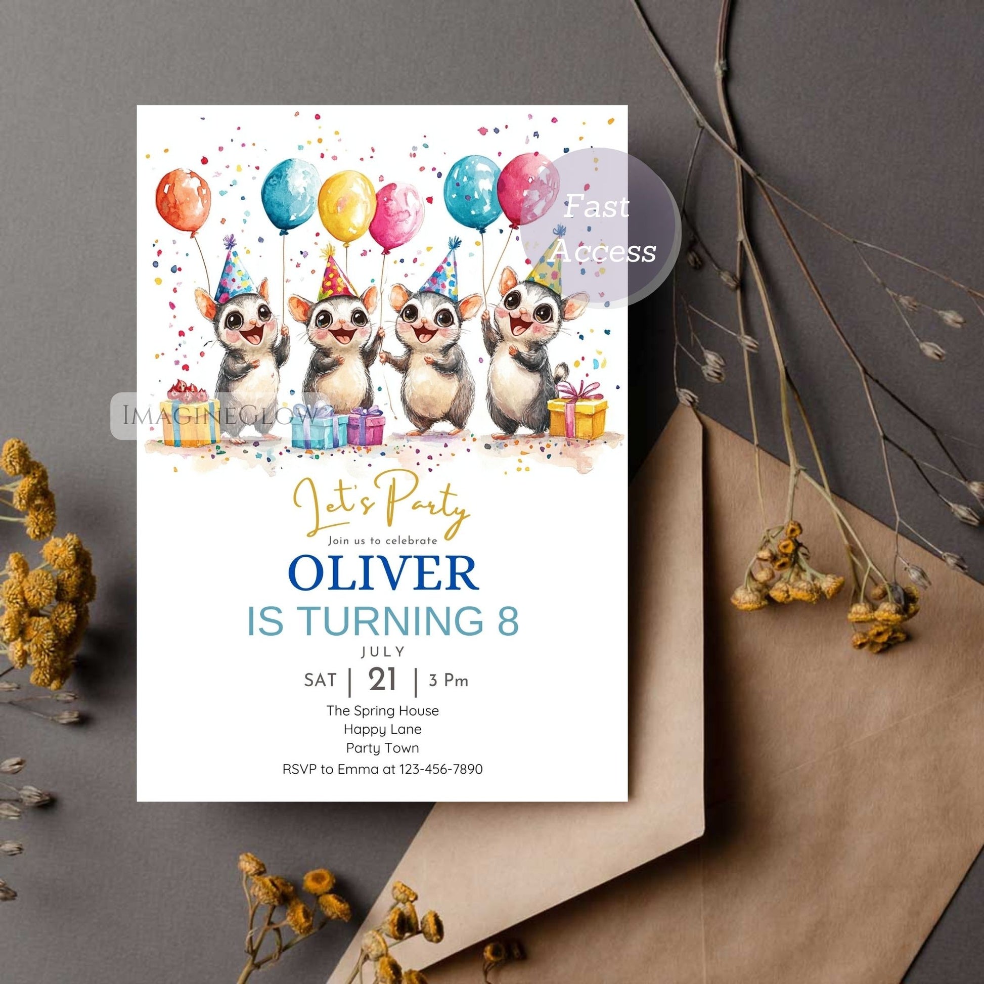 Editable sugar glider birthday party invite