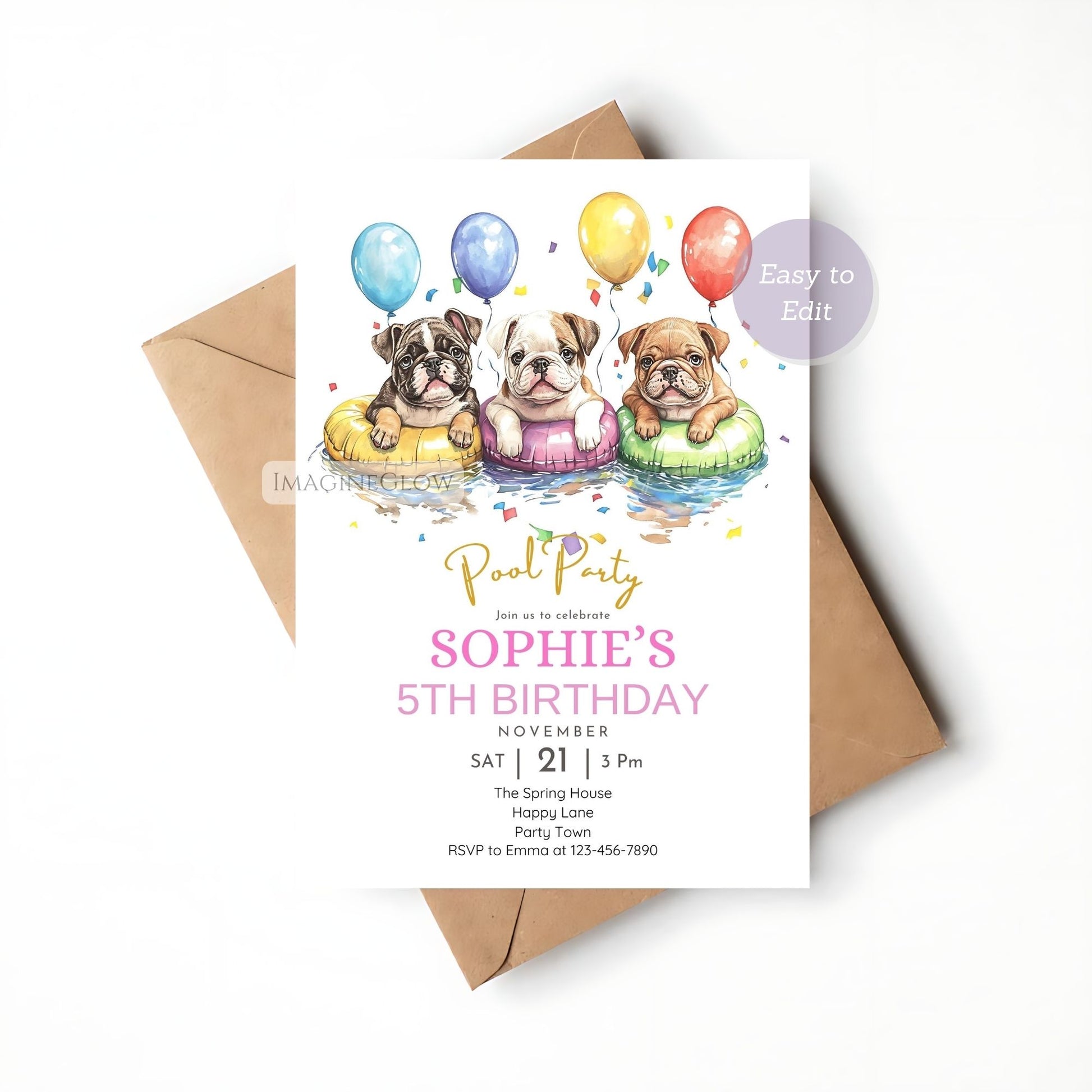 Customizable bulldog birthday invite for swim celebrations.