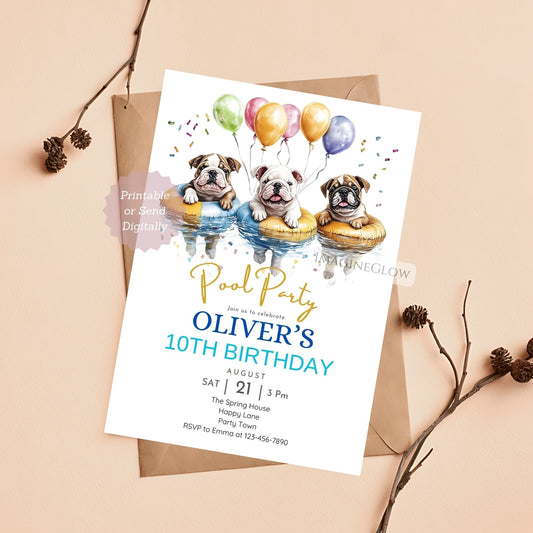 Fun water-themed birthday invitation featuring playful bulldogs.
