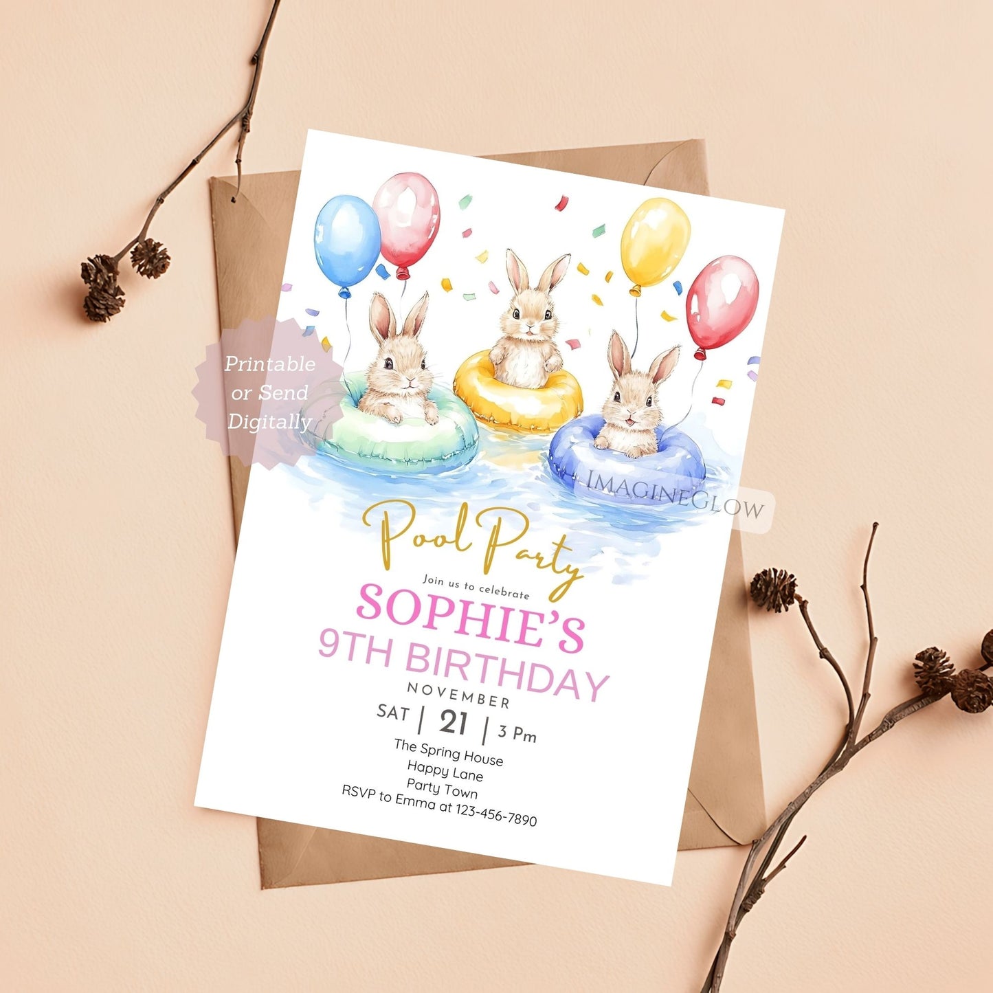 Customizable bunny birthday invite for swim celebrations.