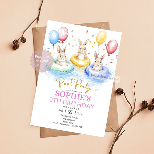 Customizable bunny birthday invite for swim celebrations.