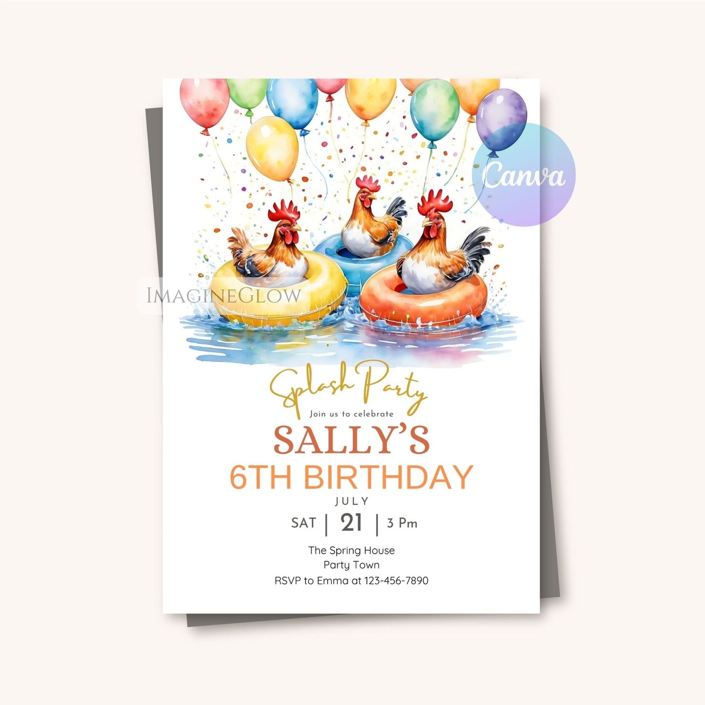 Chicken Pool Party Birthday Invitation – Rooster Swim Party Invite