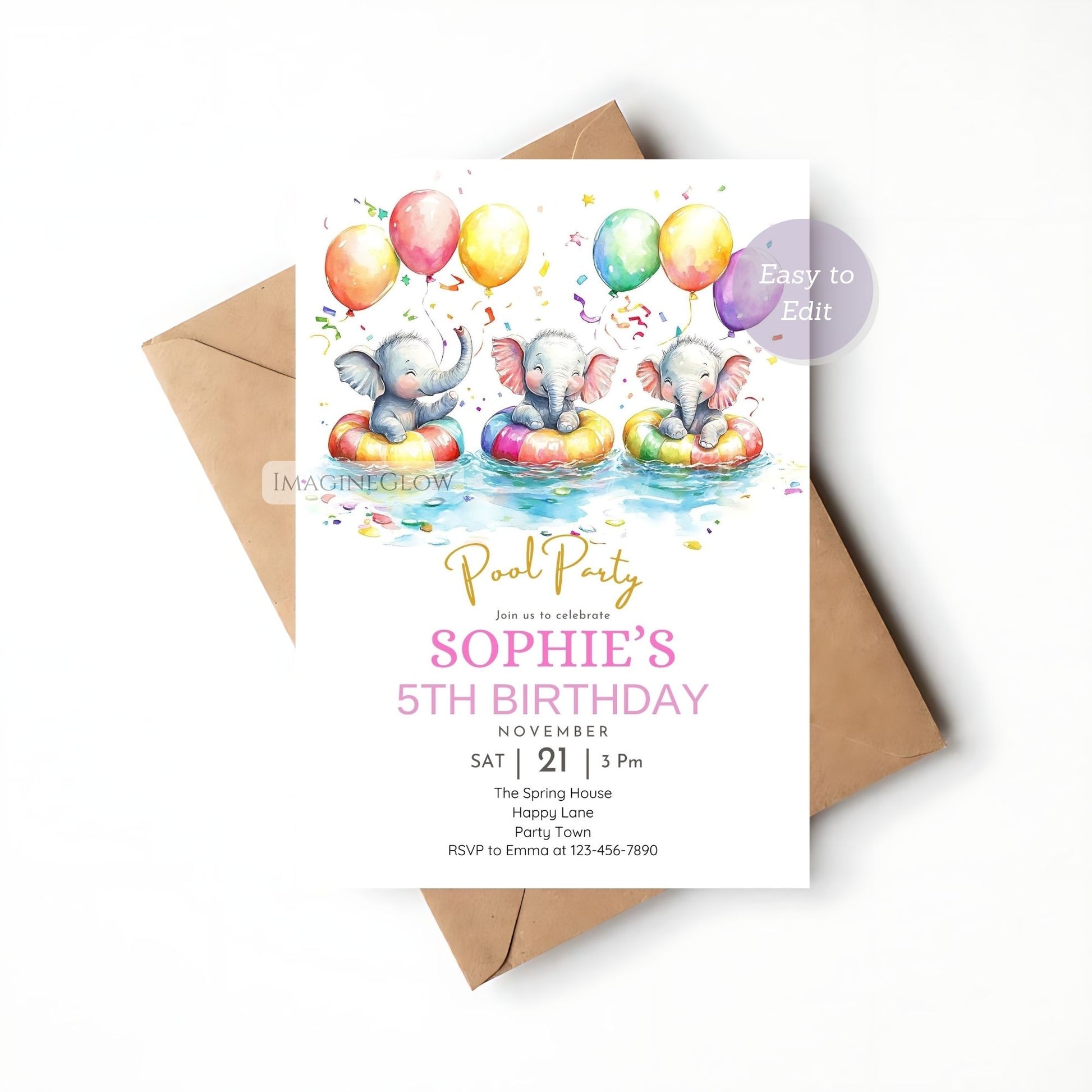 Cute elephant floating in a pool on a birthday invitation.