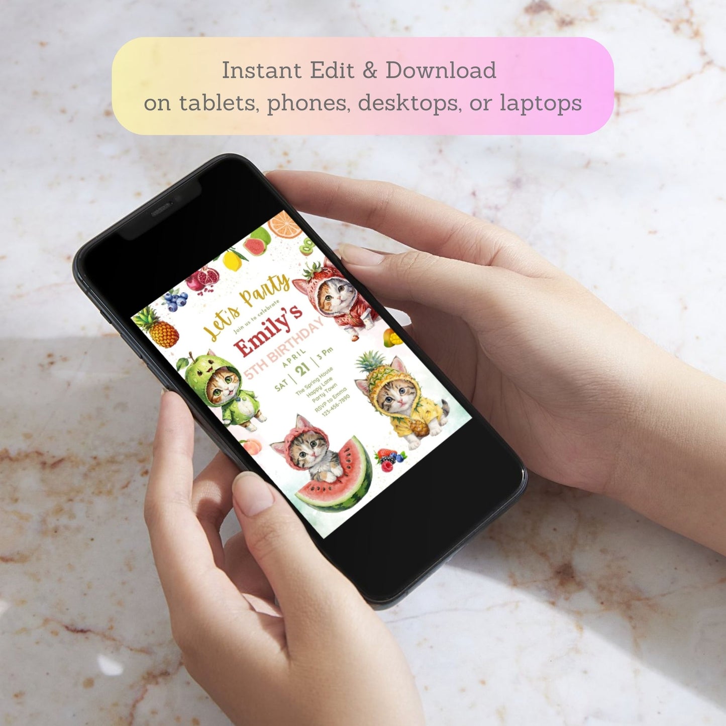 Summer cat birthday invitation digital design