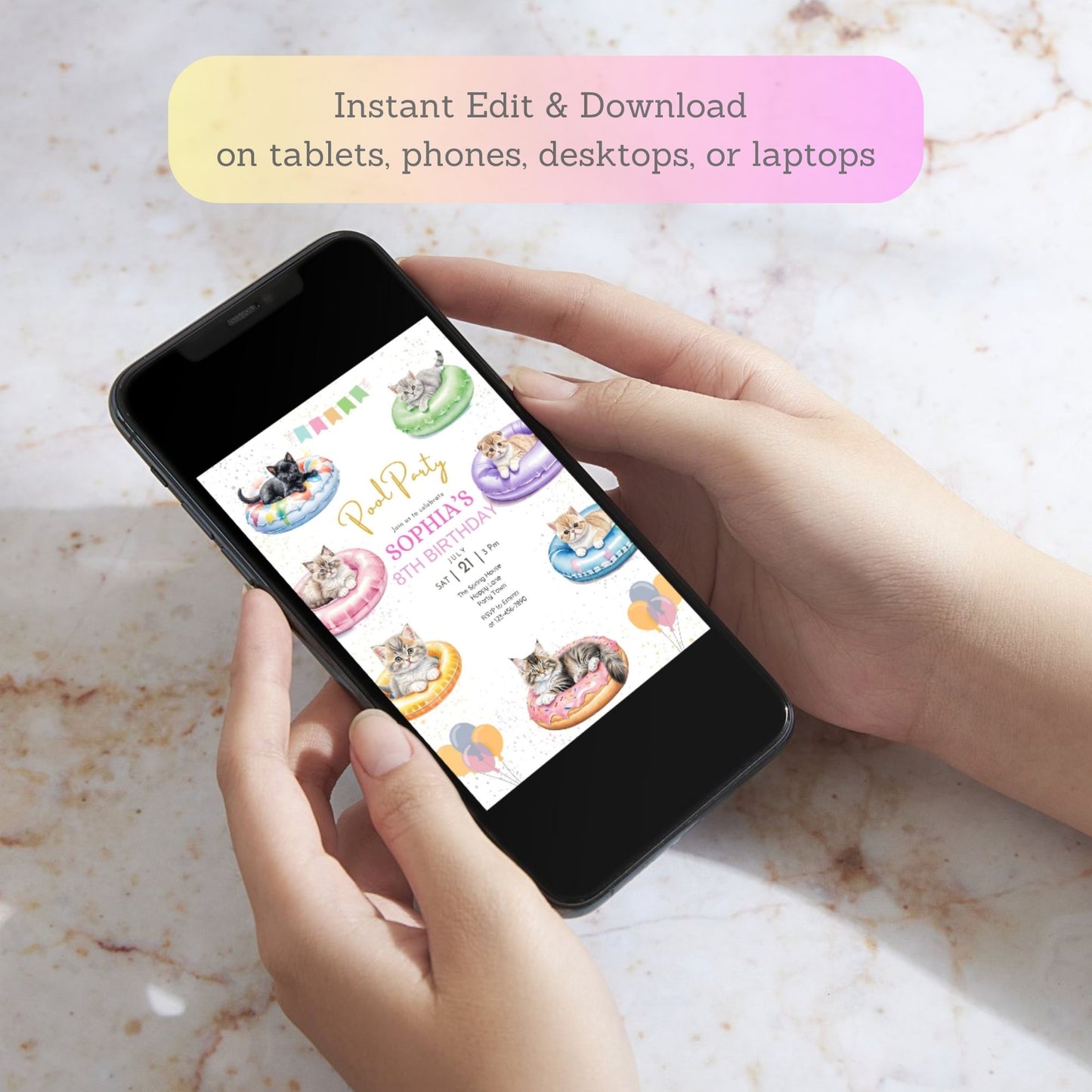 Kitten Pool Party Birthday Invitation - Summer Tropical Beach Party