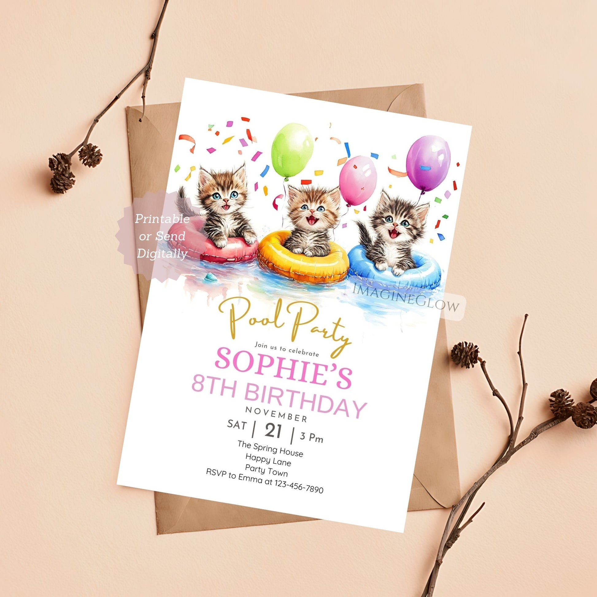 Cute kitten floating in a pool on a birthday invitation.
