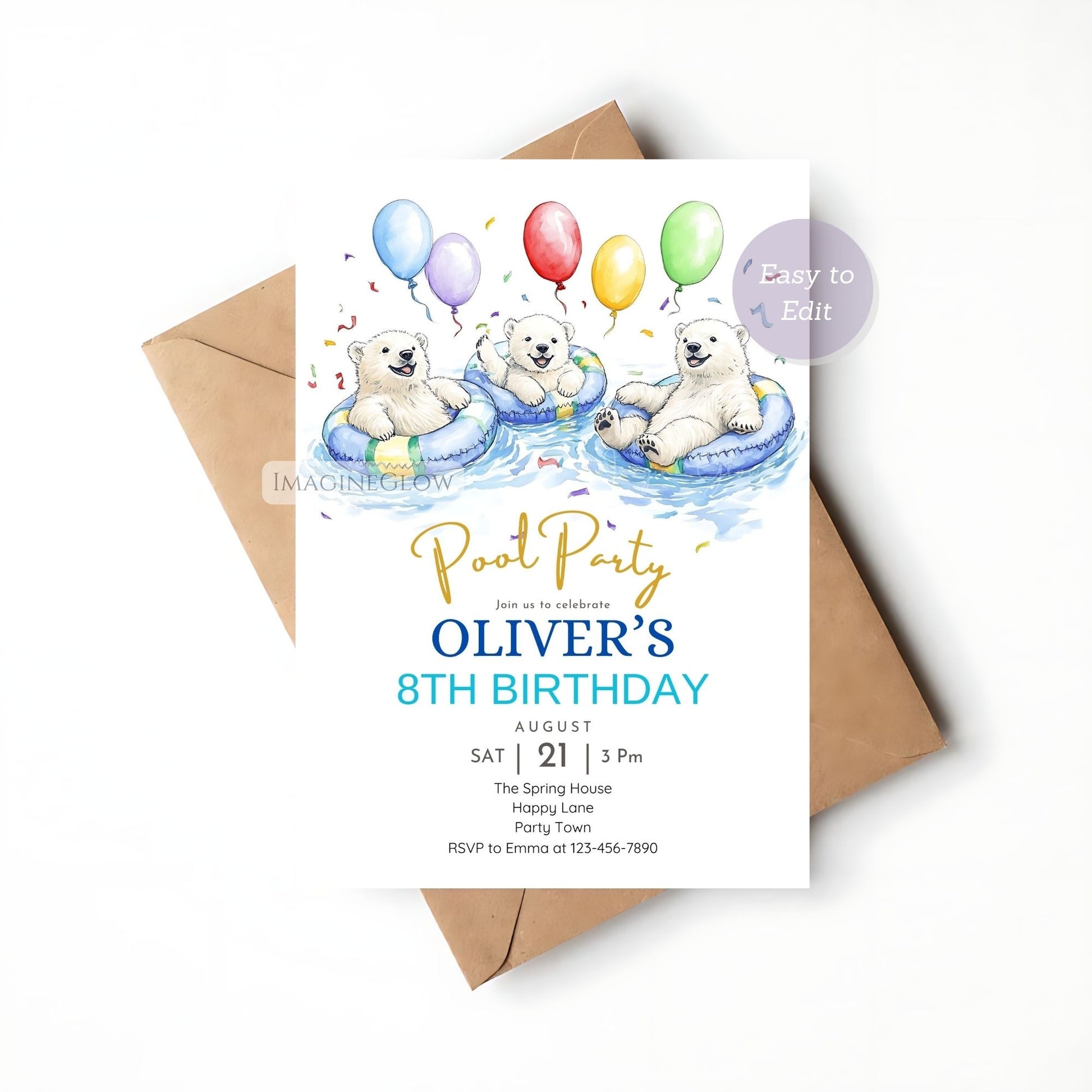 Printable arctic-themed invitation for a kids' summer pool party.
