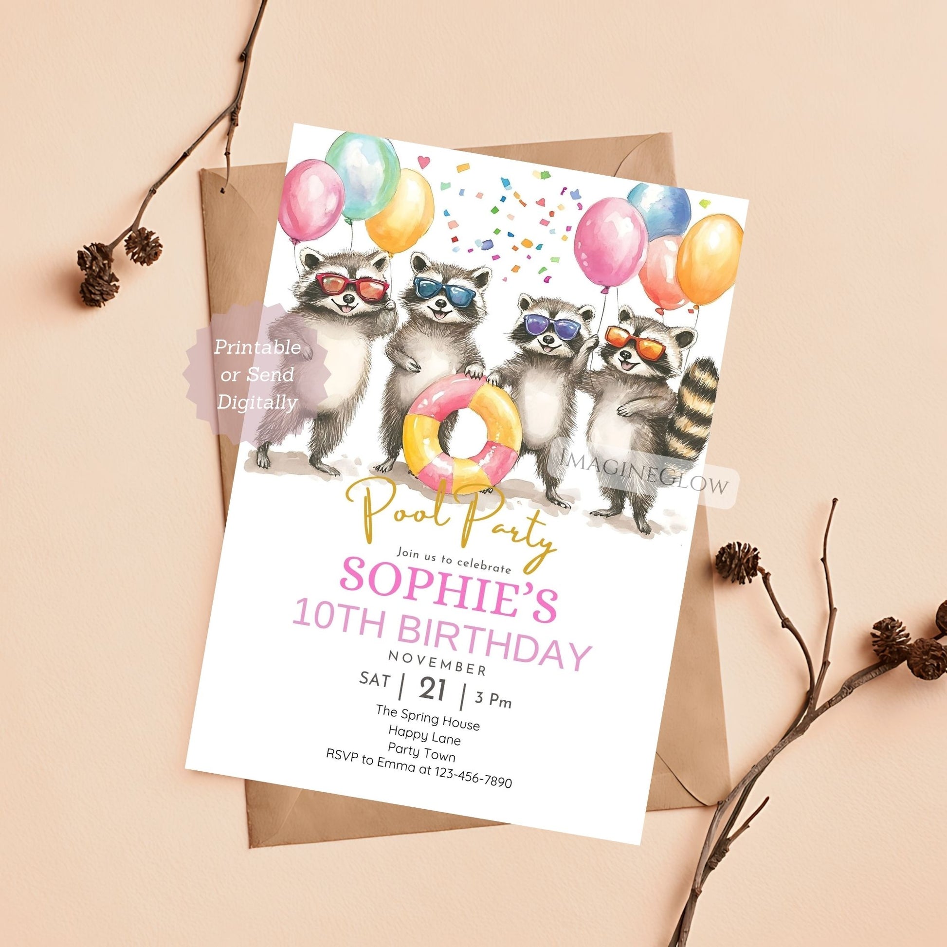Four Raccoon Pool Party Birthday Invitation with a summer theme.