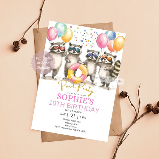 Four Raccoon Pool Party Birthday Invitation with a summer theme.