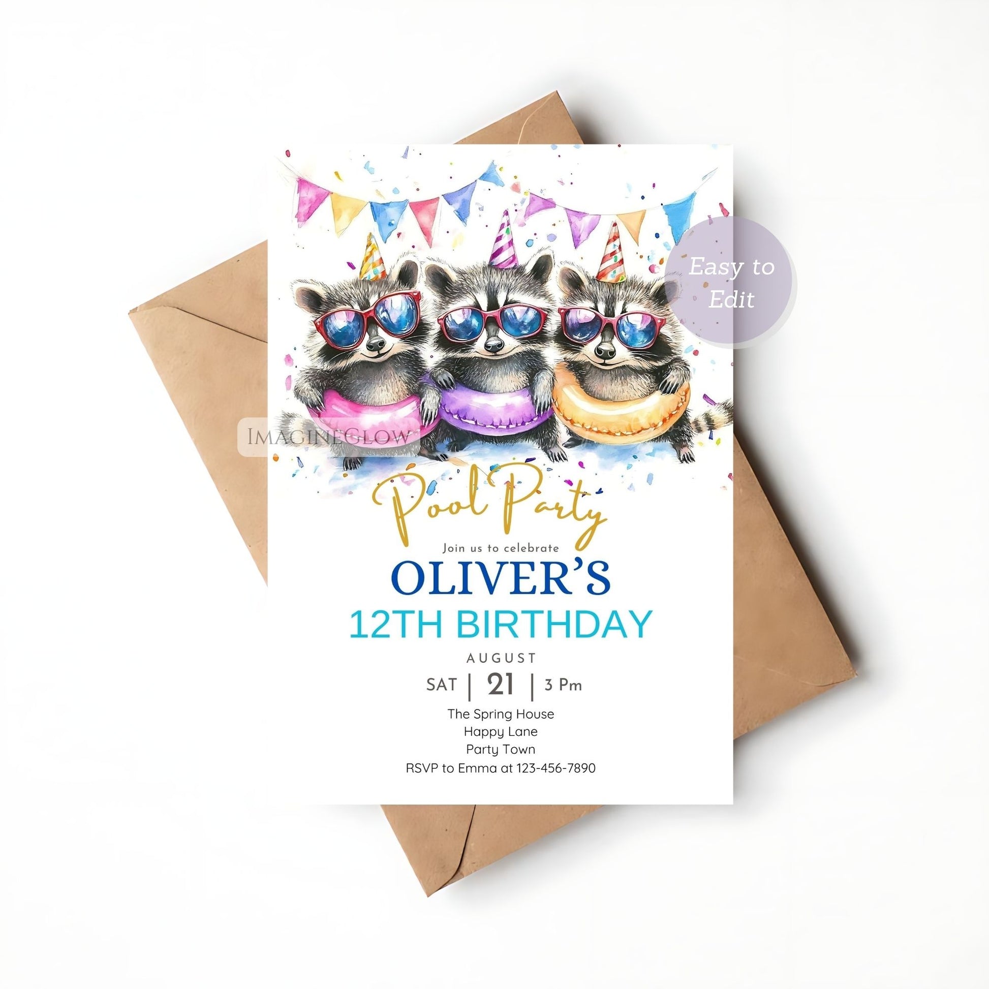 Cute raccoon floating in a pool on a birthday invitation.