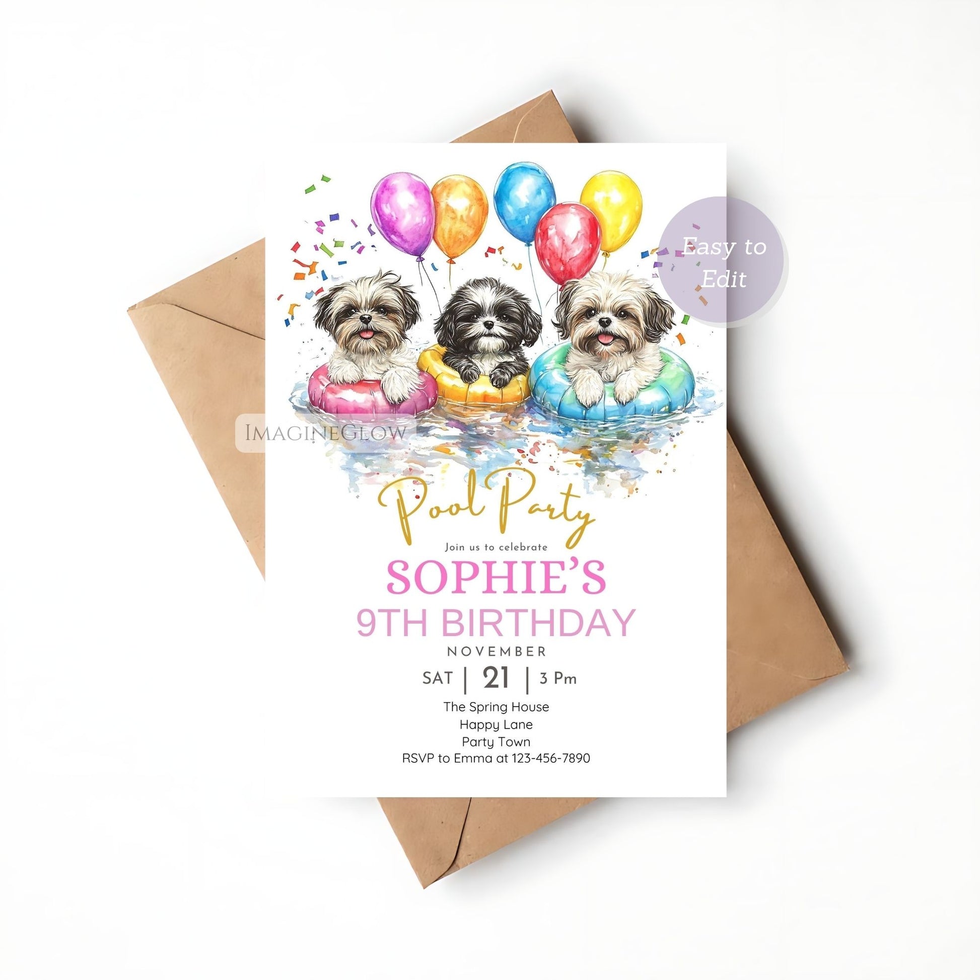 Customizable Shih Tzu birthday invite for swim celebrations.