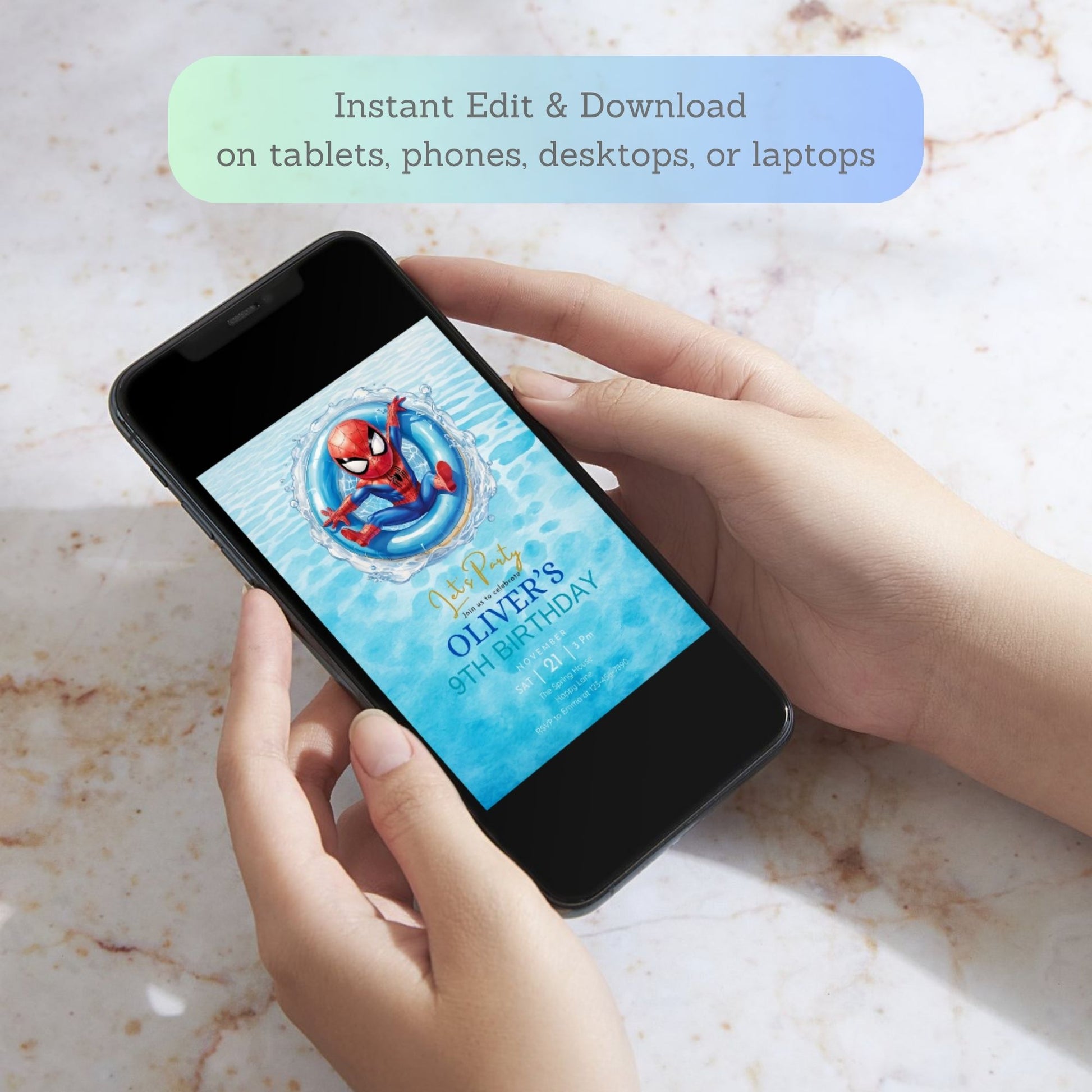 spiderman kids party invitation template
heroes pool party birthday card