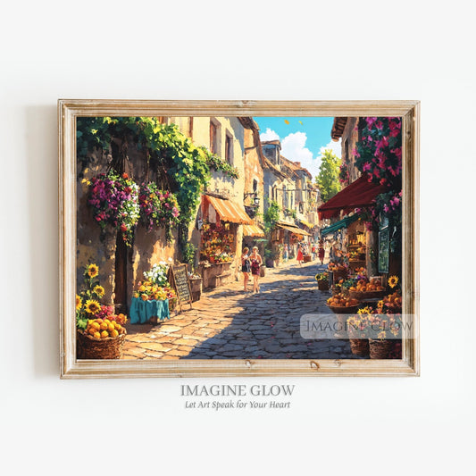 Charming flower market scene in a European-style summer town.
