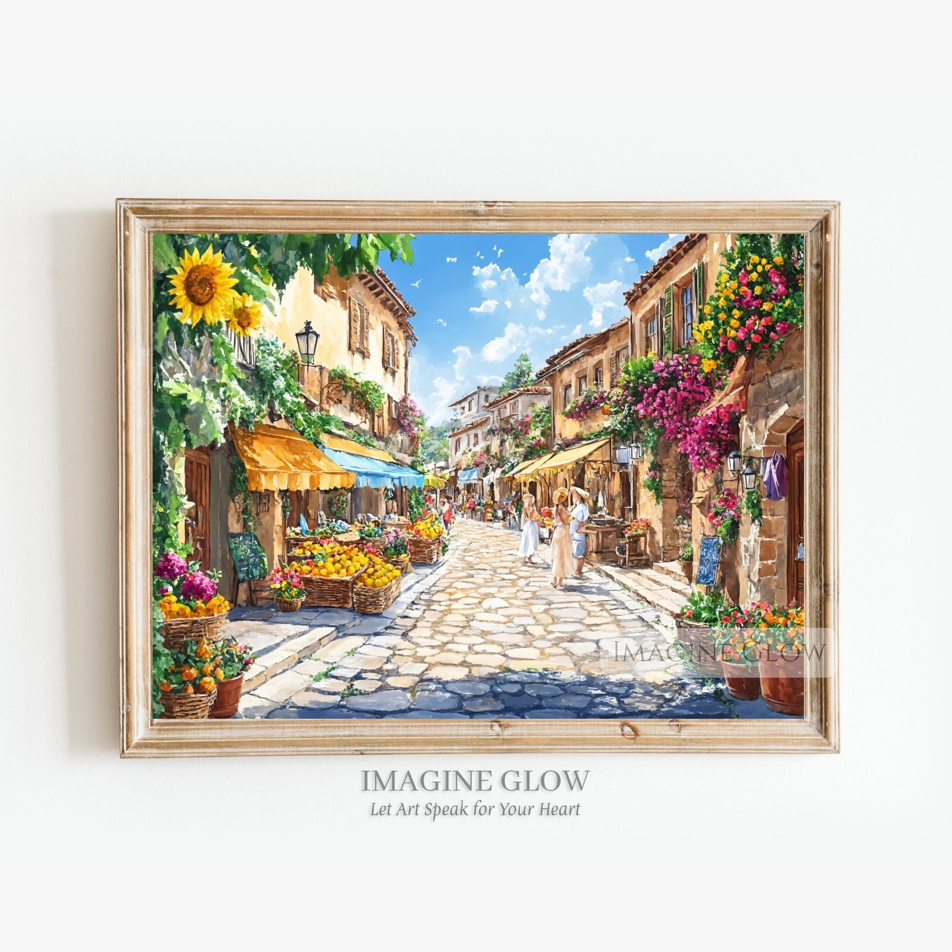 Picturesque summer cityscape with cobblestone roads and floral displays.