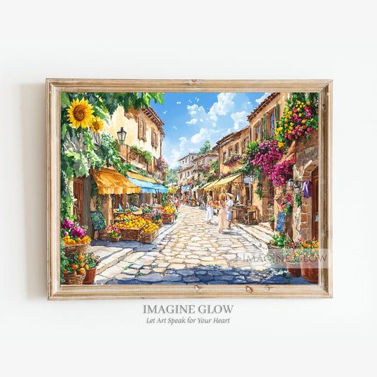 Picturesque summer cityscape with cobblestone roads and floral displays.