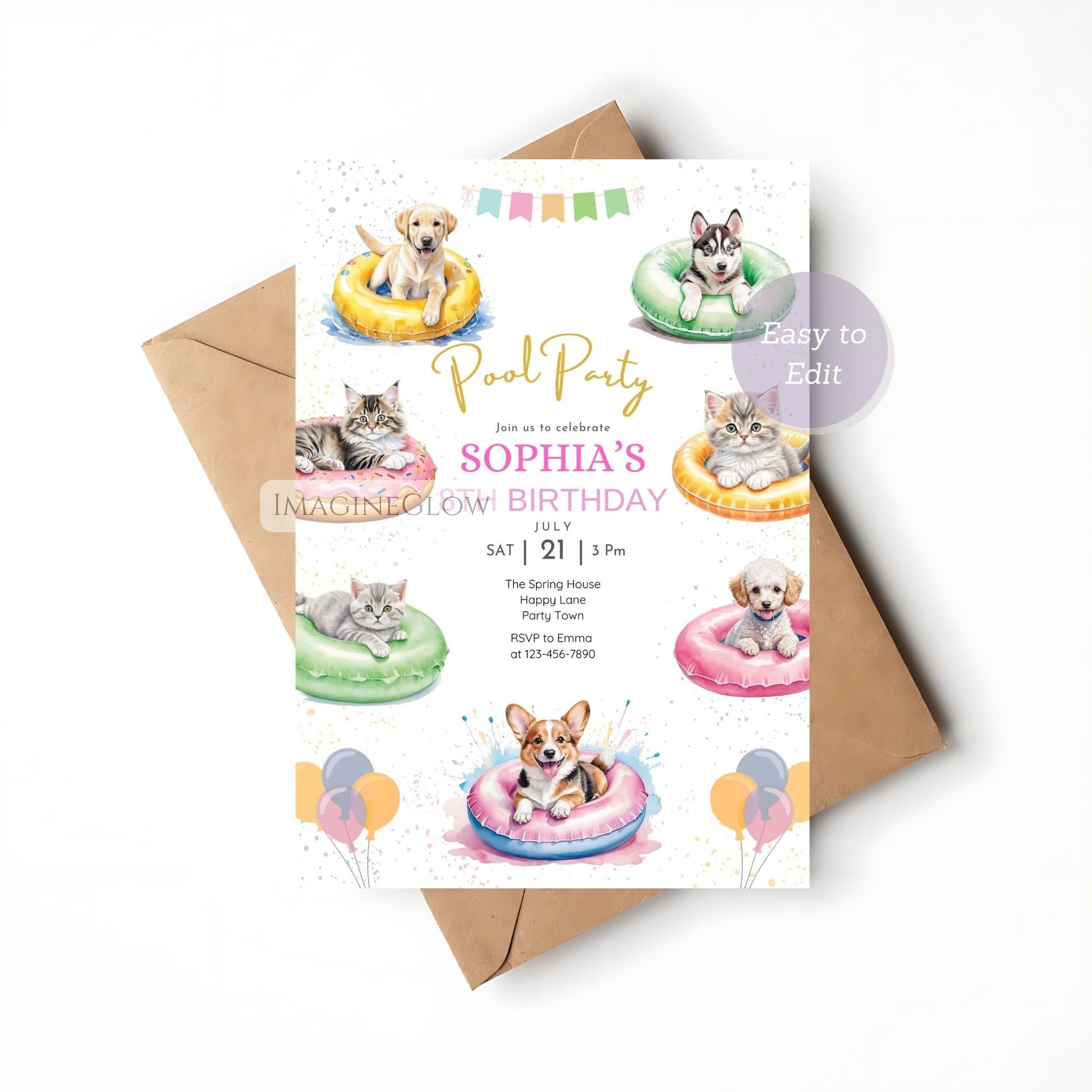 puppy kitten beach party birthday card printable