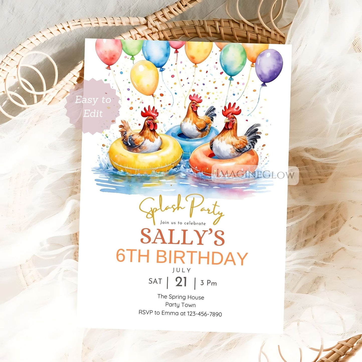 Chicken Pool Party Birthday Invitation – Rooster Swim Party Invite