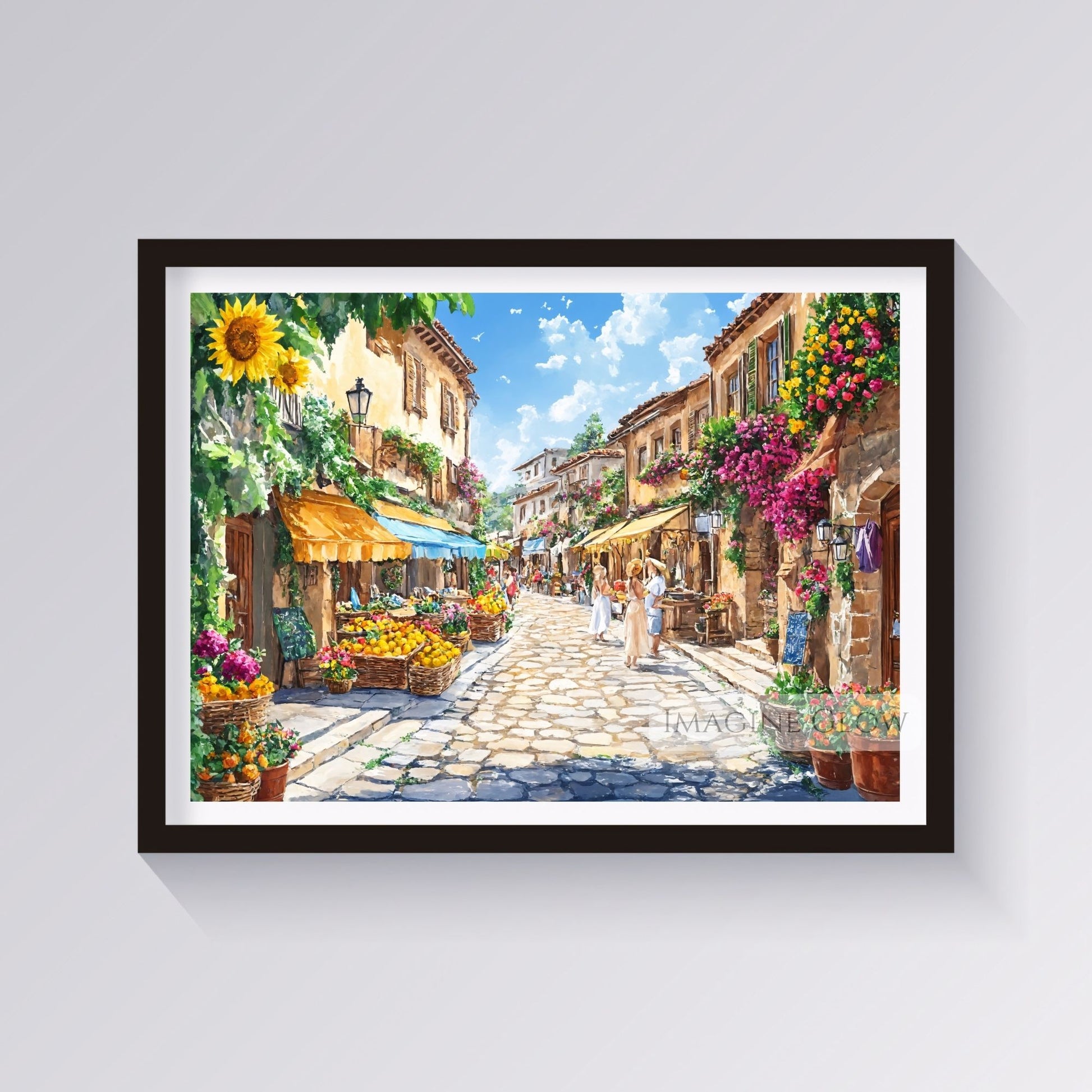 Charming outdoor market street with fresh produce and colorful flowers.